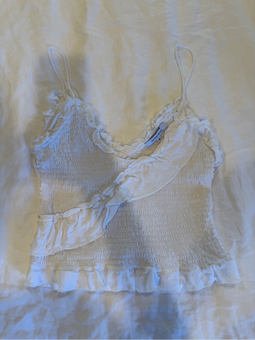 Olivaceous Smocked White Ruffle Cami Top